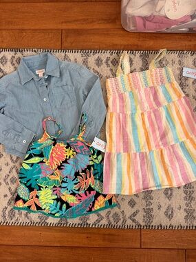 Cat & Jack Girls' Chambray Shirt, Tropical Tank, and Pastel Stripe Dress Bundle